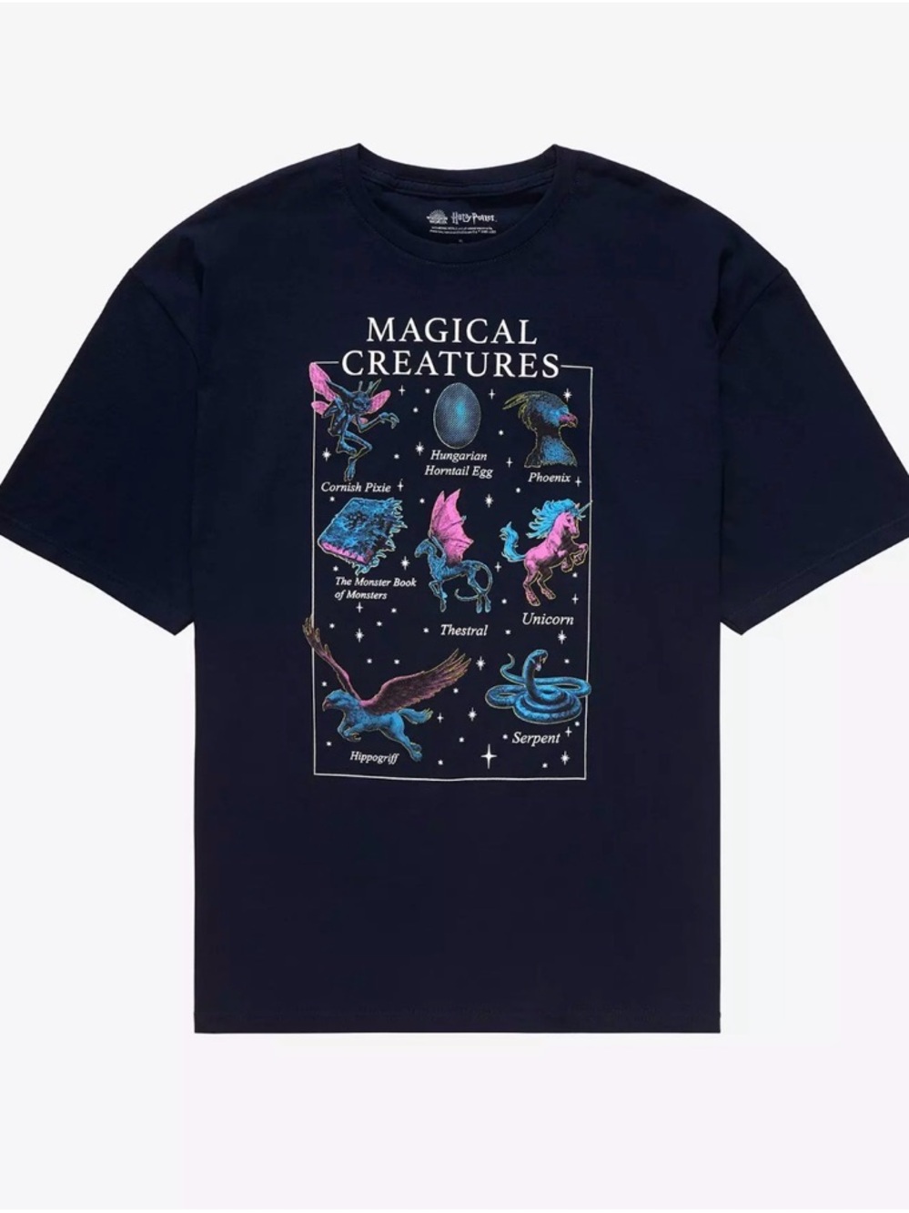 Harry Potter Magical Creatures Graphic Tee - Navy with Pink & Teal Artwork sz M - Picture 1 of 5